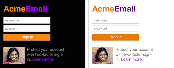 Two mockups of an email sign-in page, one with a dark background and bright colors, the other with a white background and darker colors.