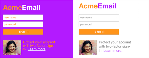 Two mockups of an email sign-in page, one with a bright purple background and one with a white background.
