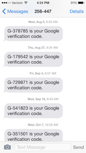 Screenshot showing a series of messages containing authentication codes from Google.