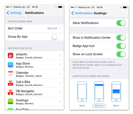 iOS notifications settings. Left: list of applications that generate notifications. Right: controls for an individual application.