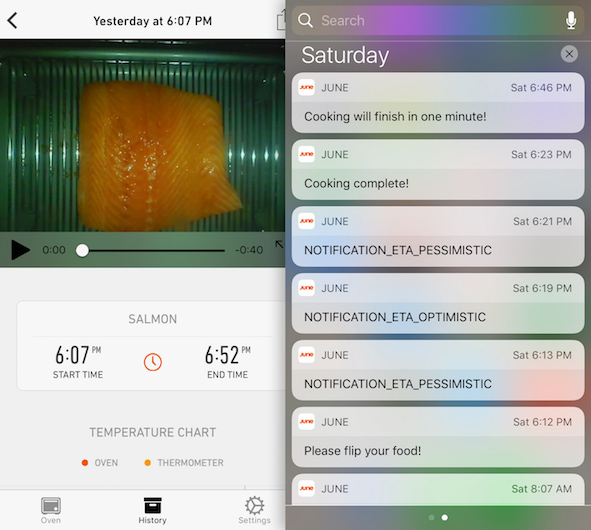 Screenshots of a smart oven companion app. There are lots of notifications, many of which are contradictory or hard to understand.